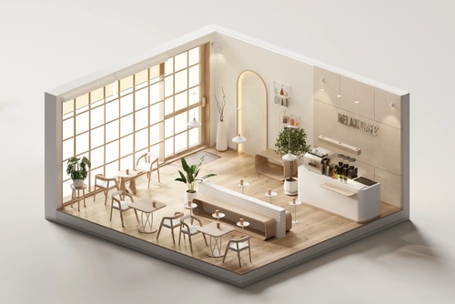 3D Visualisierungen Isometrische 3D-Visualisierung eines modernen Café-Interieurs mit Holzelementen und minimalistischem Design