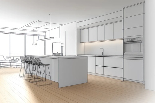 Maßgeschneiderte Möbellösungen 3D-Visualisierung einer modernen Küche mit Kochinsel für maßgeschneiderte Möbellösungen und individuelle Tischlerarbeiten