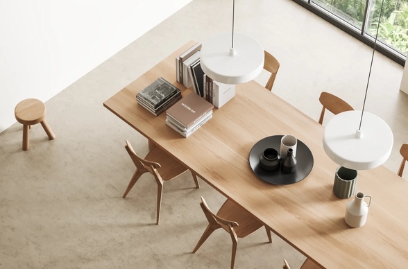 Funktionale Raumgestaltung mit modernem Design Minimalistischer Essbereich mit Holztisch, Designer-Stühlen und natürlichem Licht zeigt funktionale und ästhetische Raumgestaltung