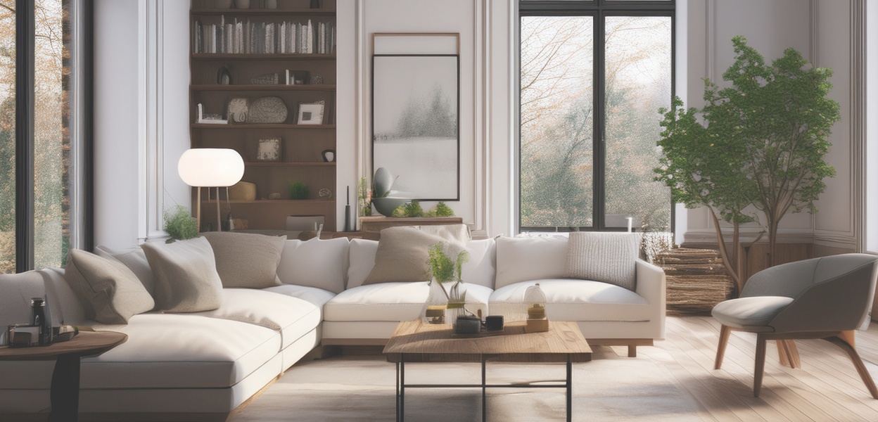 Gemütliches Wohnzimmer mit weißem Sofa, Holzregalen, großem Kunstwerk und natürlichem Sonnenlicht – warme Innenarchitektur Wien