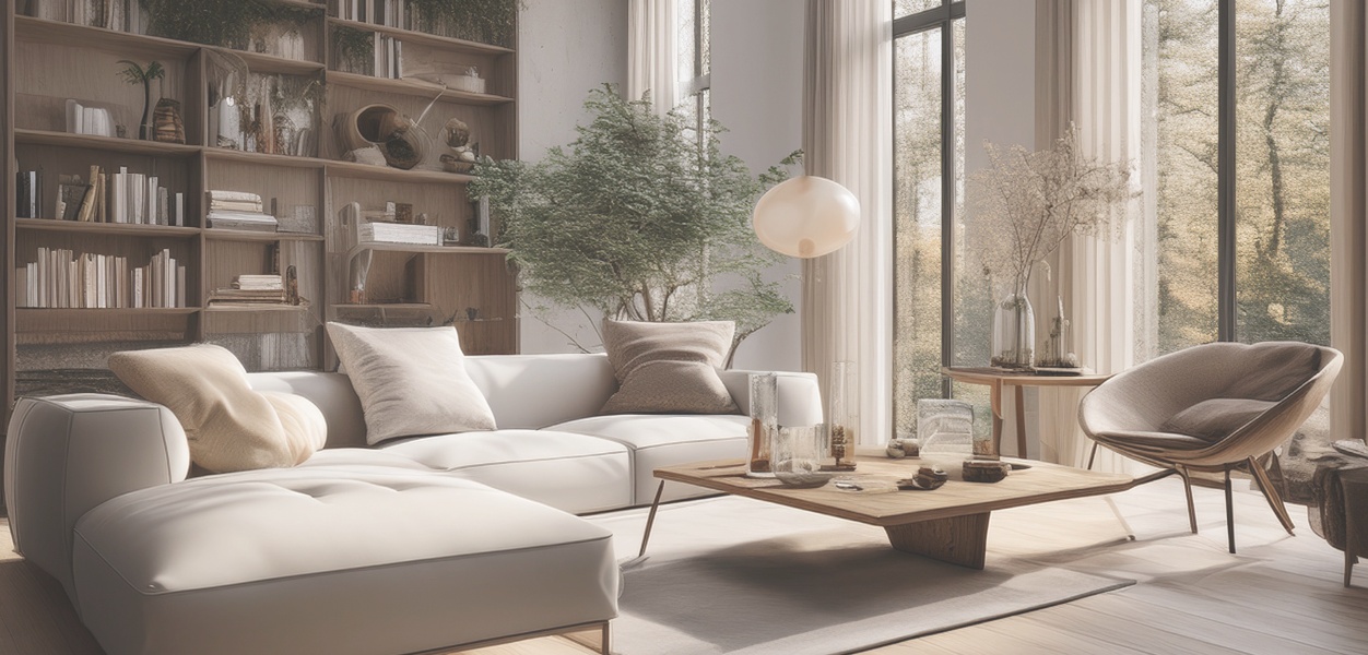Helles Wohnzimmer mit beigem Sofa, Holzregalen, Grünpflanzen und bodentiefen Fenstern – natürliche Innenarchitektur Wien