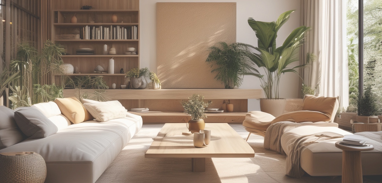 Elegantes Wohnzimmer mit beigem Ecksofa, dunklen Holzregalen, Designer-Stehleuchte und großen Fenstern – exklusive Innenarchitektur Wien mit Altbau-Elementen